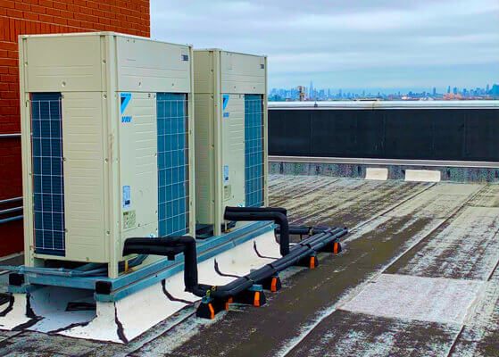 Rooftop view of the NewYork-Presbyterian Queens Hospital innovative HVAC system install that negatively pressurizes and exhausts all air from certain rooms